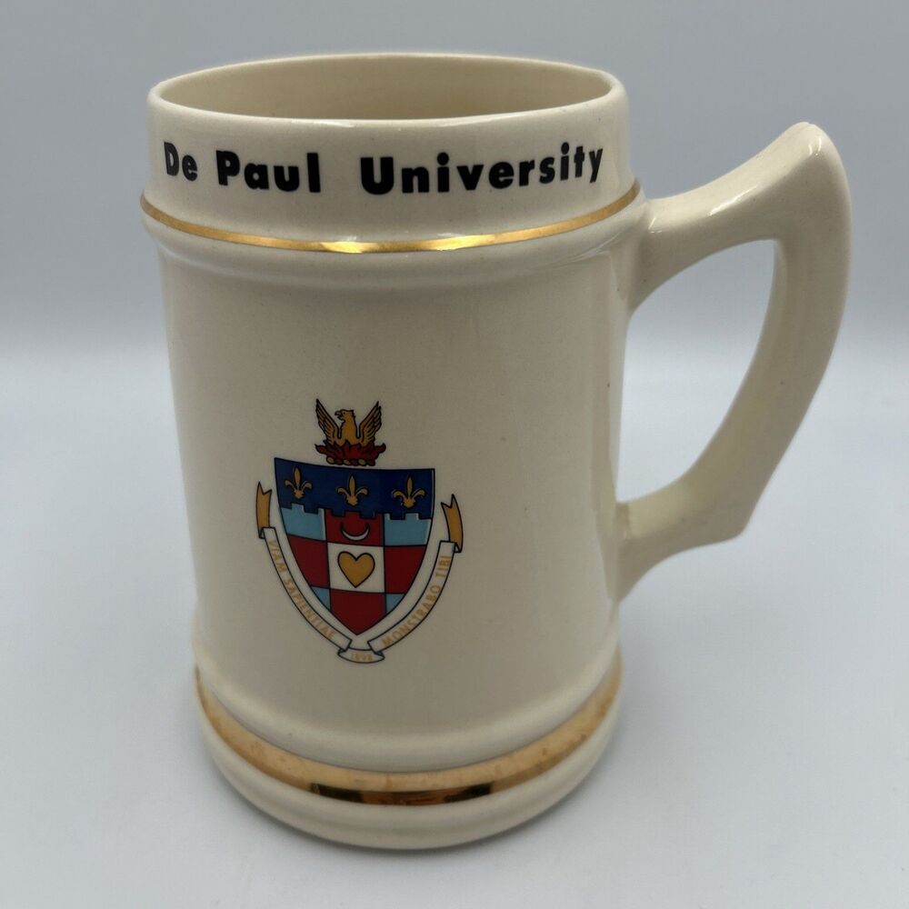 Vintage DePaul University Ceramic Beer Stein Mug Gold Trim Crest Blue Demons-USA